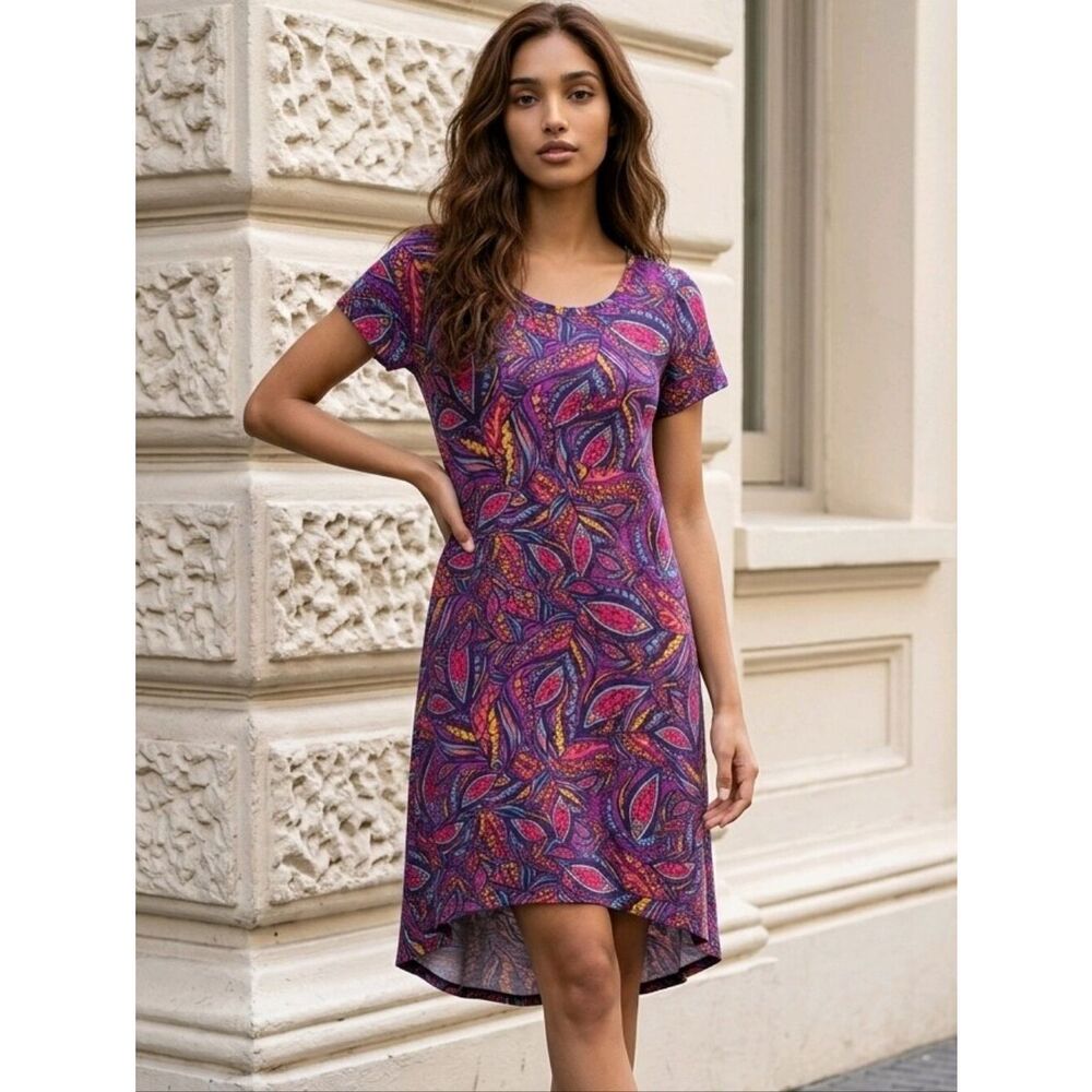 LuLaRoe Carly S Purple Paisley Boho Swing Midi Dress Hi Low Pocket Floral NWOT